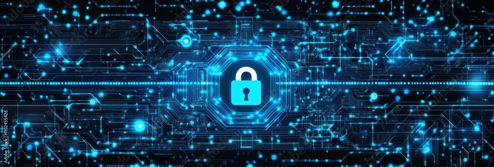 Poster digital blue background with security icons and lock symbol for cyber threat, digital service protec