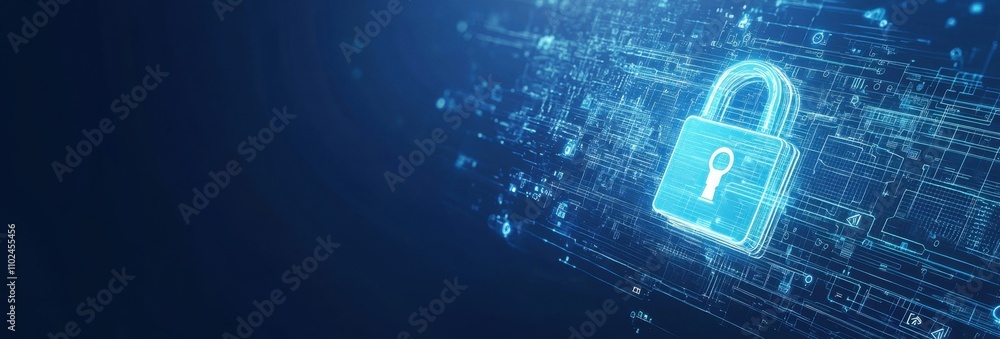 Poster cybersecurity banner background with a digital padlock and tech icons on a blue color for an online 