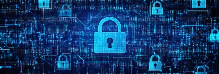 Digital blue background with security icons and lock symbol for cyber threat, digital service protection, or data lock to avoid all interconnected networks Generative AI