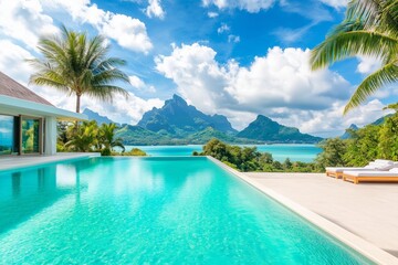 luxury beachfront villa with a private infinity pool, nestled in lush greenery on a secluded tropical island