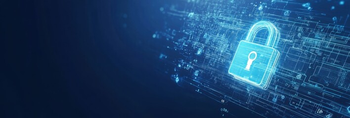 Cybersecurity banner background with a digital padlock and tech icons on a blue color for an online cybersecurity graphic design concept Generative AI
