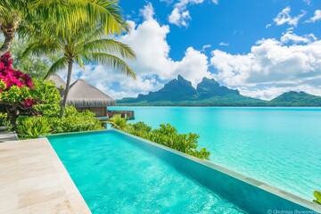 Fototapeta premium luxury beachfront villa with a private infinity pool, nestled in lush greenery on a secluded tropical island