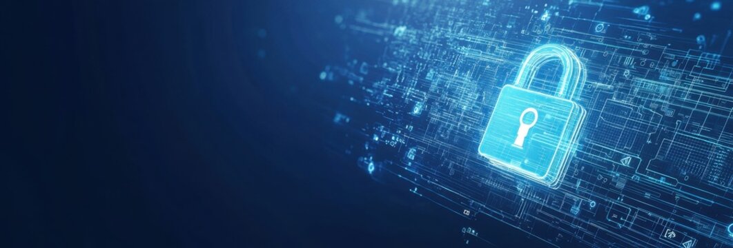 Cybersecurity banner background with a digital padlock and tech icons on a blue color for an online cybersecurity graphic design concept Generative AI