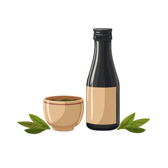 A dark bottle of soy sauce and a small bowl, accompanied by green leaves isolated on transparent background, cut out, png, cartoon, perfect for Asian cuisine, restaurant menus, or food blogs