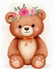 Cute brown teddy bear wearing flower accessory, watercolor art style. Teddy bear drawing vector with