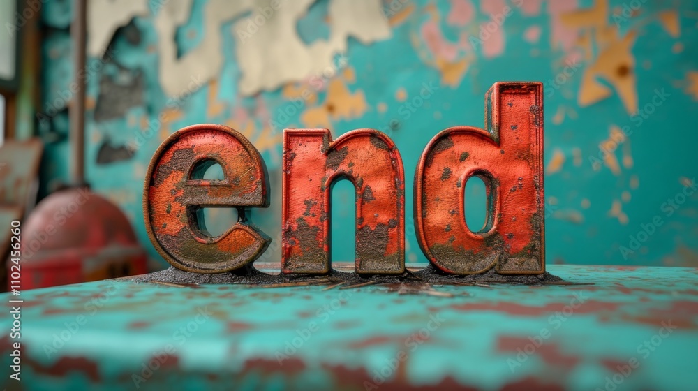 Poster a close-up of rusted red 3d text spelling end on a worn turquoise surface, with peeling paint adding