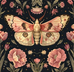 Moth, butterfly in vintage style on a background of flowers. On dark background. Romantic and mystical atmosphere.