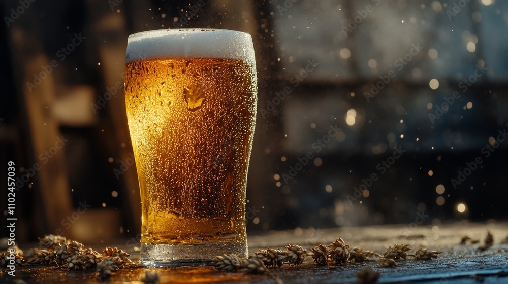 Poster refreshing glass of beer with splash in brewery environment