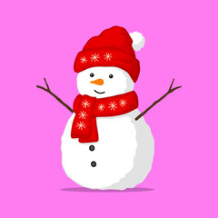 Cute snowman in hat and scarf. Colored silhouette. Front side view. Vector simple flat graphic hand drawn illustration. Isolated object on pink background. Isolate.