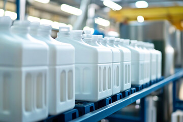 White plastic containers designed for chemical storage, emphasizing safety and durability in the chemical industry. Industrial-grade white plastic containers used for packaging