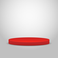 Red podium on light grey background. Red pedestal.	