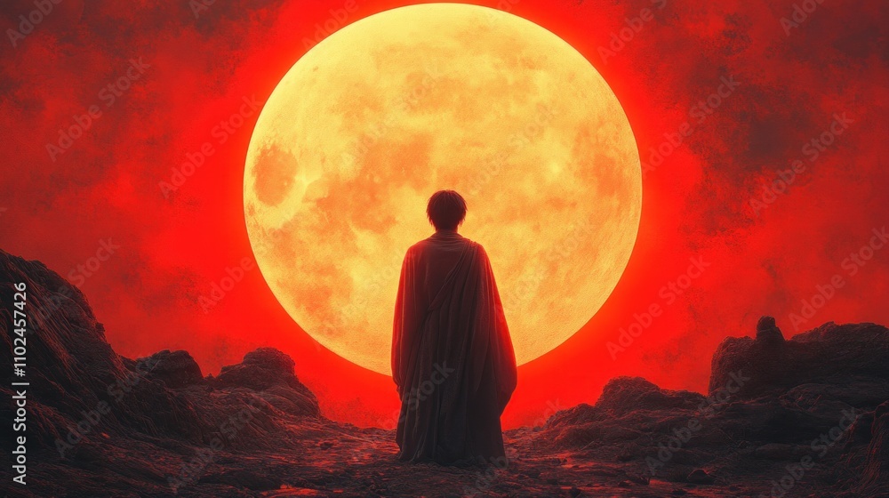Poster figure draped in a cloak faces a massive red moon rising in a fiery sky. rocky terrain adds to the i