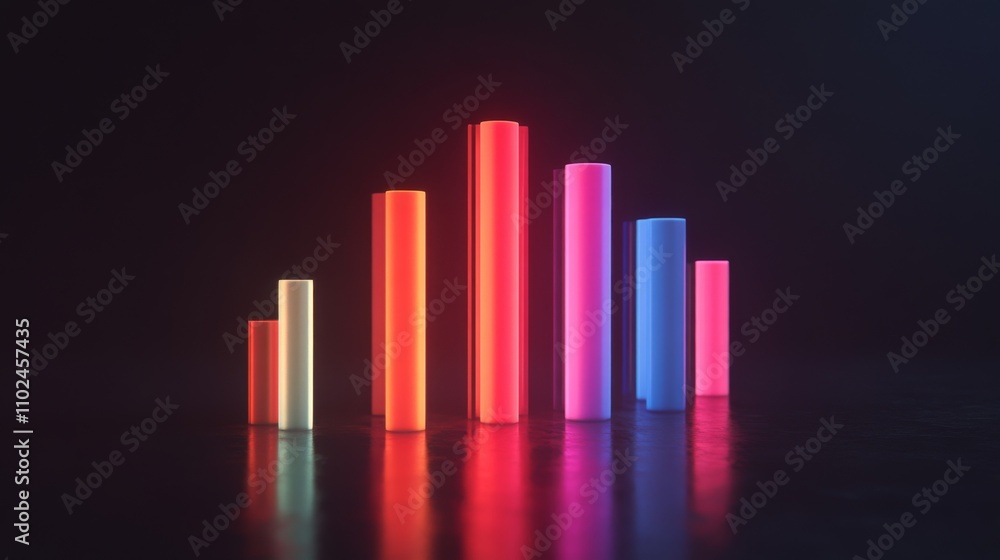 Poster colorful neon bar graph displaying data trends in dark background