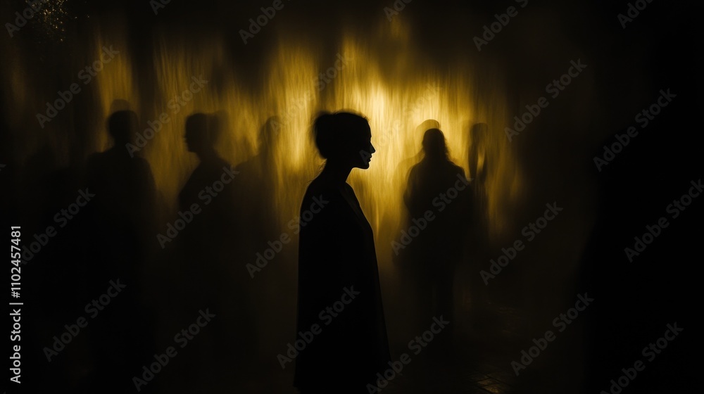 Poster people are positioned in front of an illuminated backdrop, casting long shadows while exploring the 