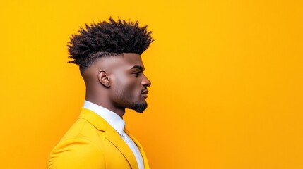 Obraz premium fashionable man showcases a contemporary haircut while wearing a bright yellow suit. He stands confidently sideways, emphasizing his bold style and unique look against a vivid background