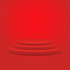 Red podium on red background. Red pedestal. Red stairs.	