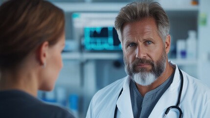doctor with a beard in a white coat listens attentively to a female patient in a contemporary clinic setting, discussing health concerns and treatment options during a routine appointment