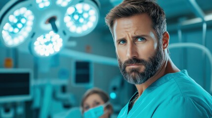 male medical professional in scrubs stands confidently in a bright operating room, focusing on a surgical procedure. High-tech equipment and surgical lights illuminate the area