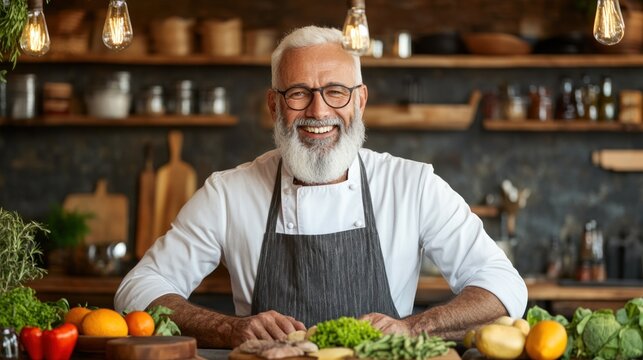 joyful chef with a beard stands in a charming kitchen filled with an array of vibrant vegetables and fruits. Natural light illuminates the space, highlighting his enthusiasm for cooking