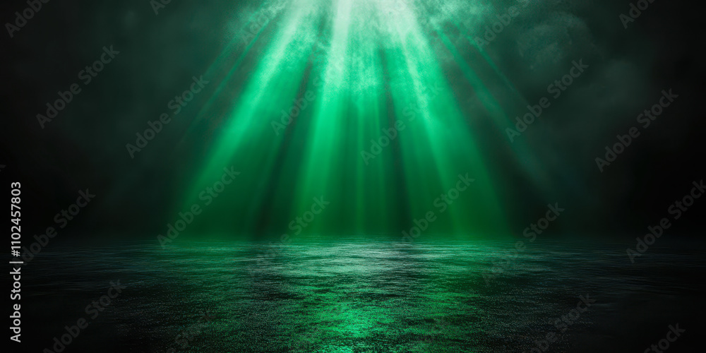 Poster abstract green light rays on dark surface creating mysterious atmosphere with vivid illumination