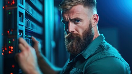 technician with a beard is intently adjusting equipment on a server rack in a high-tech data center. setting has a moody blue lighting, emphasizing the advanced technology around him
