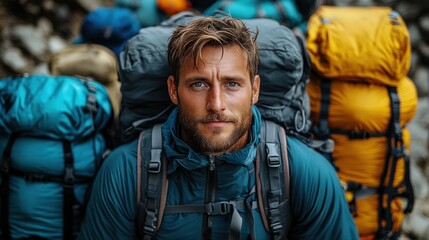 Obraz premium rugged hiker stands confidently amidst vibrant backpacks, exuding enthusiasm for the upcoming trek in a mountainous landscape. scene captures the spirit of adventure and exploration