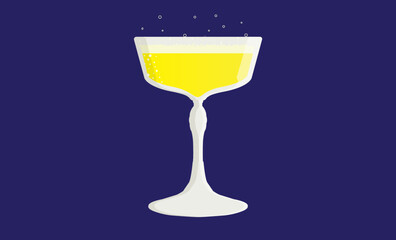 Glass of champagne with bubbles on blue background