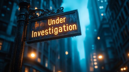 A foggy urban night reveals a street sign glowing with the words Under Investigation, casting an eerie glow in a quiet, mysterious neighborhood