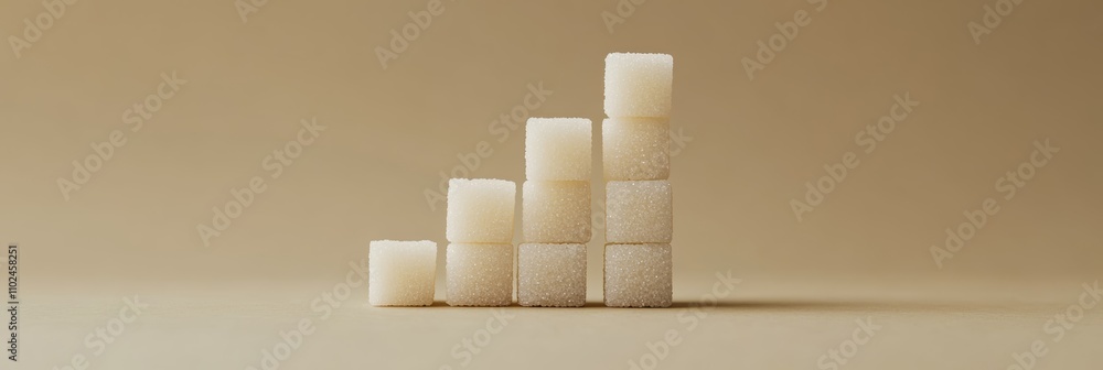 Poster ascending stacks of sugar cubes symbolize increasing sugar consumption, highlighting sugar intake, a