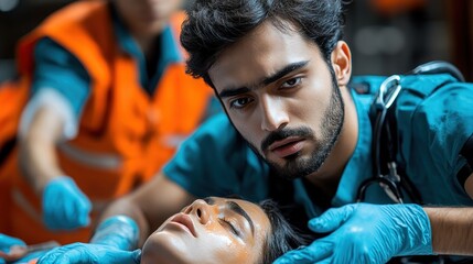 Obraz premium Two healthcare workers are intensely focused on administering care to an unconscious woman in a bustling hospital environment, showcasing their commitment to saving lives