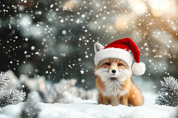 Fox in santa hat on snowy christmas forest background
