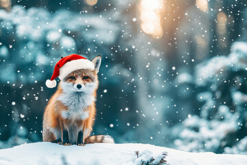Fox in santa hat on snowy christmas forest background