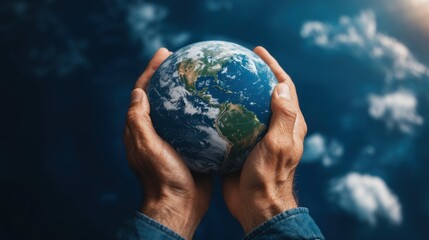 Hands cradling a detailed depiction of Earth emphasize the responsibility humans have for the planets future, highlighting environmental awareness and stewardship