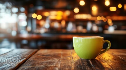 Fototapeta premium Aromatic Morning Green Coffee Cup onRustic Wood with Blurry Cafe Interior, Relaxation Concept