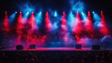 A vibrant concert stage illuminated by colorful lights and smoke, creating an energetic atmosphere.