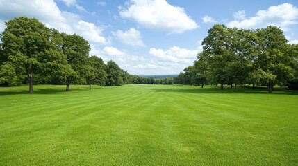 Obraz premium A wide stretch of vibrant green grass framed by healthy trees creates a peaceful atmosphere. The sky features appealing clouds, adding beauty to the serene landscape at midday