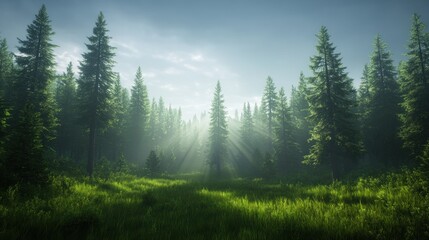 Fototapeta premium Tall evergreen trees stand majestically in a tranquil forest, illuminated by gentle sunlight filtering through the mist in the early morning. lush green grass adds to the serene atmosphere