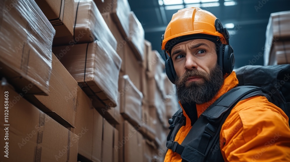 Poster man in an orange safety jacket and helmet stands in a busy warehouse surrounded by stacks of cardboa