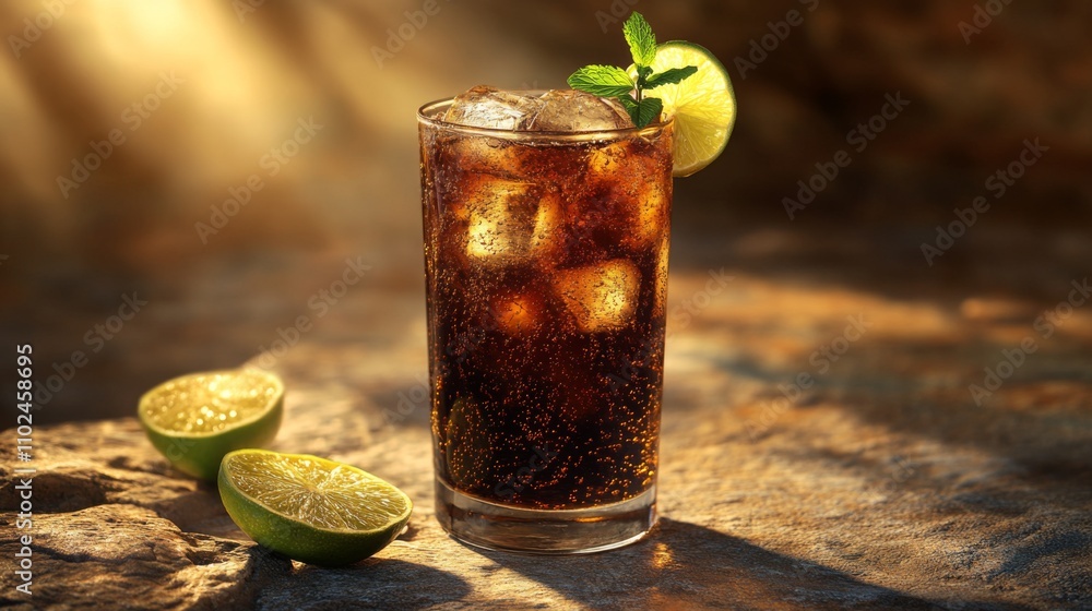 Poster refreshing cold beverage with ice and lime garnish in natural light