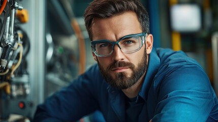 In an industrial environment, a technician with a beard and safety glasses carefully inspects machinery, concentrating on ensuring proper functionality and safety