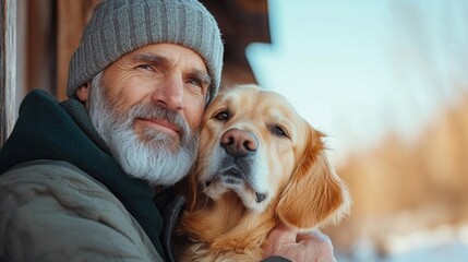 man with a gray beard is smiling gently as he holds his golden retriever close. They are surrounded by a peaceful winter landscape, radiating warmth and affection