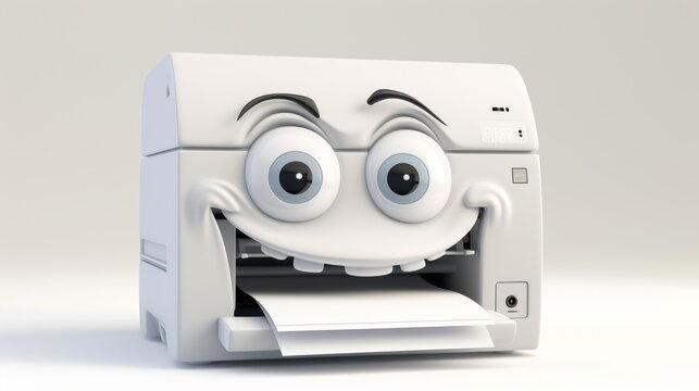 A cheerful cartoon printer with oversized eyes and a wide smile, printing paper in a light, clean background. This fun and playful character design adds personality to everyday office equipment. AI
