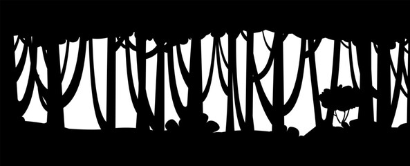 Forest landscape. Scenery with trees. Fun cartoon style. image is isolated on white background. Seamless black silhouette vector