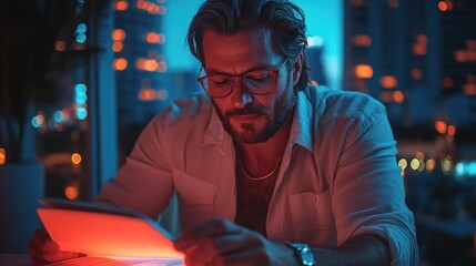 Fototapeta premium man sits quietly in an urban apartment, engrossed in reading a tablet. room is illuminated by soft red light, creating a moody atmosphere against the night city backdrop