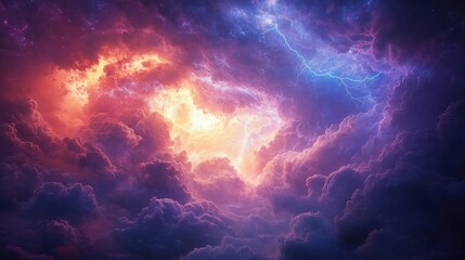 Fototapeta premium A vibrant cosmic scene with swirling clouds and electric lightning in a dramatic sky.