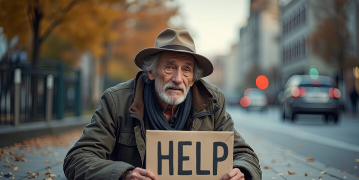 Elderly man sitting on a city sidewalk with a cardboard sign reading 'Help' during autumn. Homelessness and social crisis concept