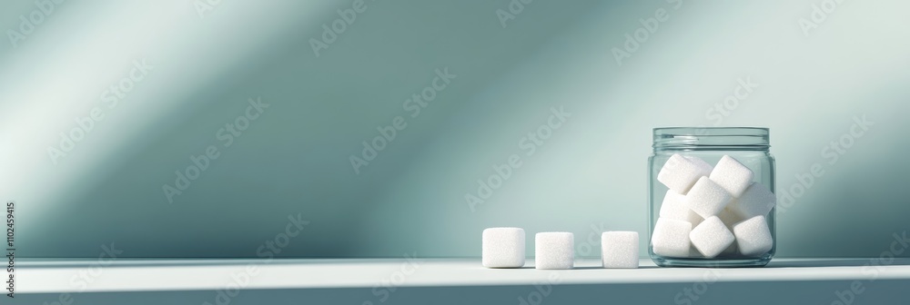 Poster glass jar filled with refined sugar cubes and some cubes outside of it, placed on white surface with