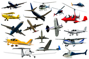 Seaplanes, airliners, gliders, light-sport airplanes isolated on white background