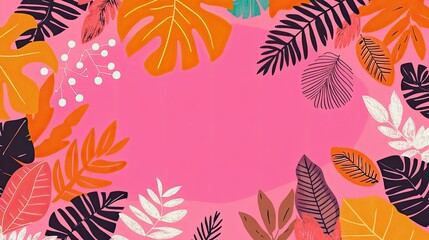 Fototapeta premium Pink background with colorful tropical leaves and foliage forming a frame.