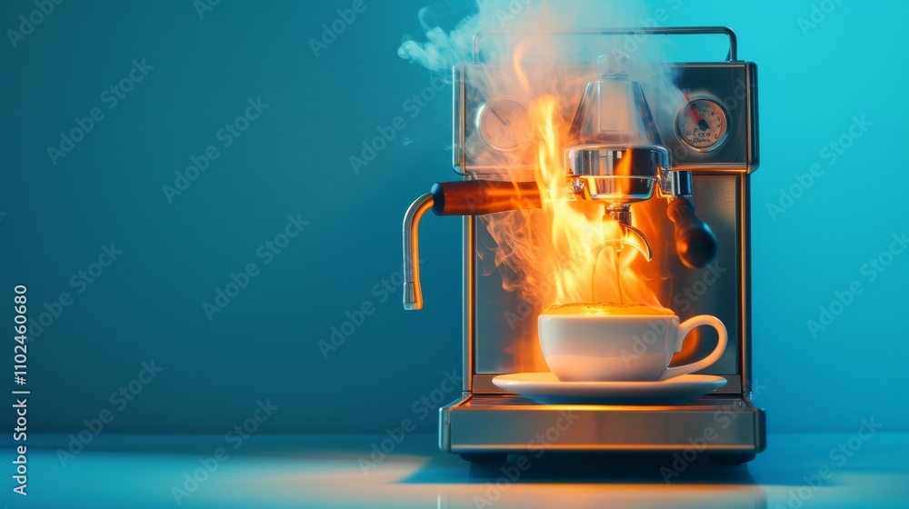 Poster a striking ai-generated image of an espresso machine dramatically catching fire, with a vibrant blue